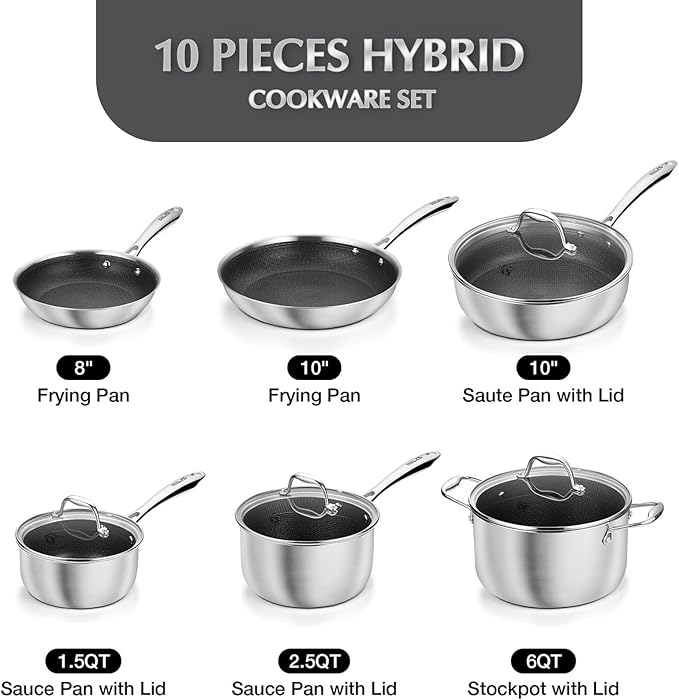 KOCH SYSTEME CS Triply Stainless Steel Cookware Set 10 Piece, Nonstick Hybrid Stainless Steel Pots and Pans Set, Kitchen Cookware Set with Honeycomb Interior, 18/10 Steel, Induction Compatible