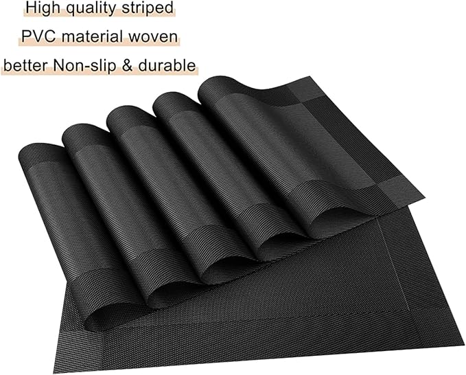 Set of 6 Placemats Black Place Mats Crossweave Woven Non-Slip Washable Table Mats for Table Dining Kitchen and Reataurant(Black)