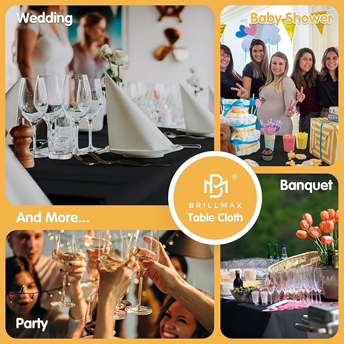 BRILLMAX 6 Pack Black Tablecloths 90 x 156 Inch for 8ft Rectangle Tables - 150 GSM Polyester Fabric, Floor Length Drop, Water, Stain & Wrinkle Resistant Cloth Cover for Wedding Reception Banquet