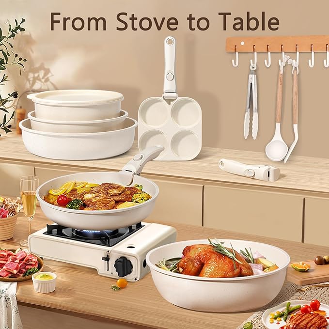 GiPP Ceramic Pots and Pans Set Non Stick, Nonstick Detachable Handle Cookware Sets, Healthy Non Toxic PFAS PFOA & PTFE Free, Dishwasher ＆Oven Safe, Induction Kitchen Pot and Pan, 21 Piece Cream
