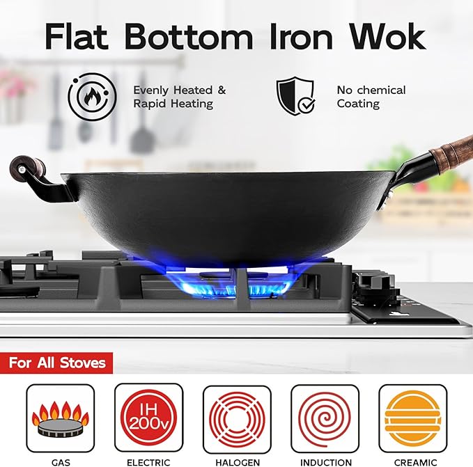 WANGYUANJI 12.6 Inch Iron Wok with Wooden Lid and Spatula, Flat Bottom Chinese Stir Fry Pan, Chemical-Free Uncoated Iron Wok for Induction, Gas and Electric Stoves