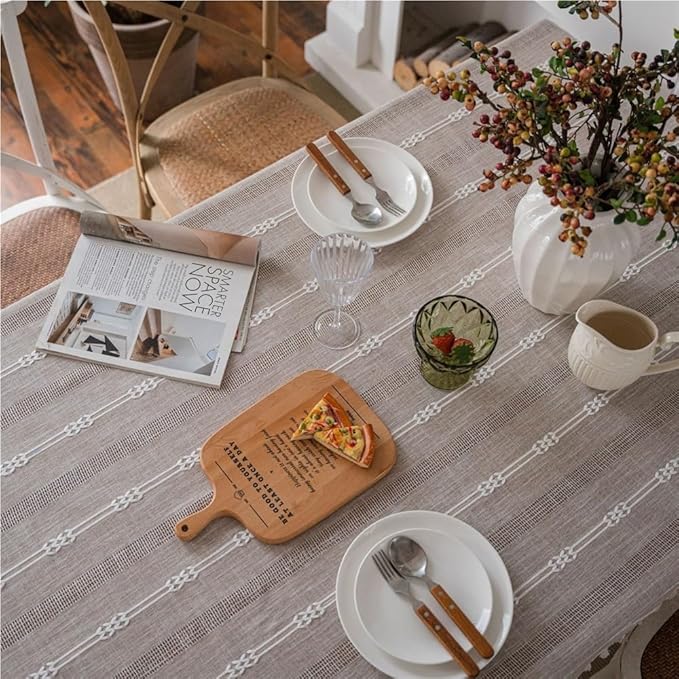Rectangular Tablecloth American Tablecloth Coffee Color Embroidery Stripes Hollow Home Tablecloth Coffee Table Tablecloth Suitable for Restaurant Camping(140 * 300cm)