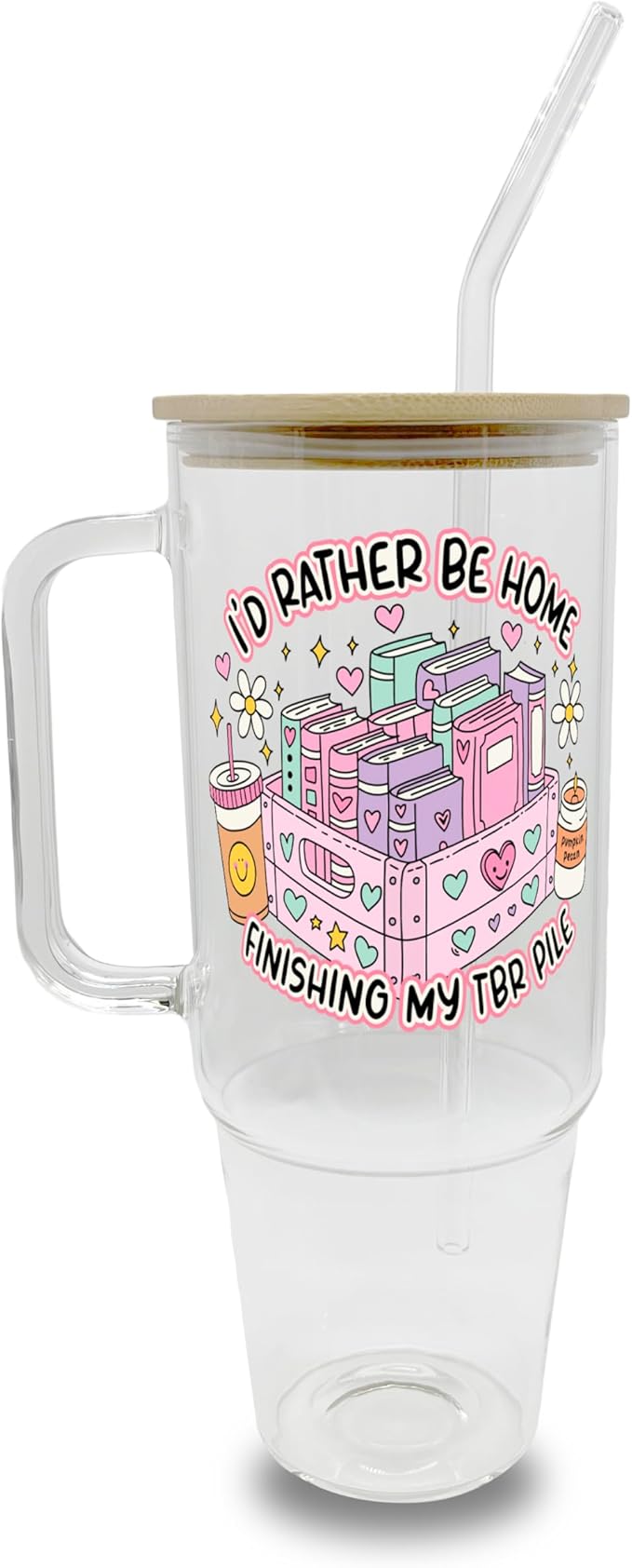 Sip-Sip Hooray! 40oz I’d Rather Be Reading Glass Tumbler with Lid and Straw, Book Lover Gift, Booktok, Gift For Reader Drinkware Handmade Aesthetic Coffee Beverage Mug Tumblers Bottles
