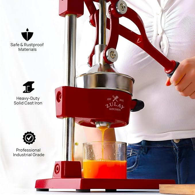 Zulay Kitchen Cast Iron Juicer - Easy-to-Clean Heavy-Duty Manual Juicer, Professional Citrus Juicer - Stainless Steel Lemon Squeezer - Manual Citrus Press & Orange Squeezer - Orange Juicer - Deep Red