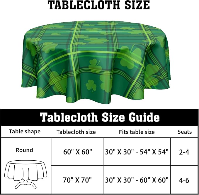 St. Patrick's Day Round Tablecloth 60 Inch Green Plaid Shamrock Print Circle Table Cloth Seasonal Holiday Saint Patrick Table Cover for Party Kitchen Dinner Home Decor