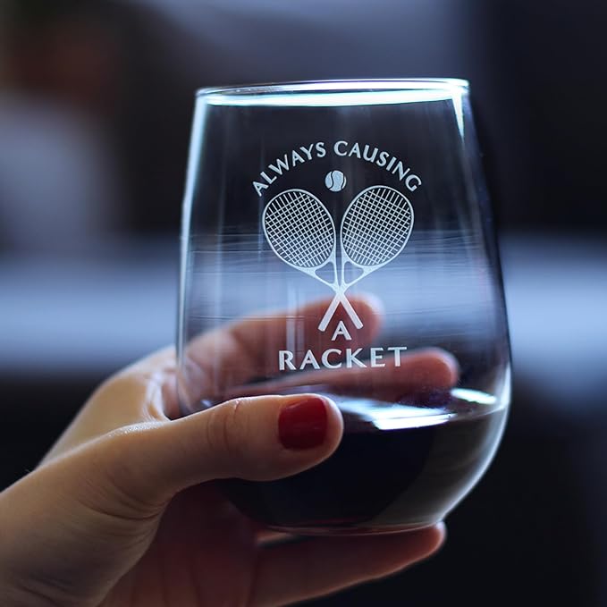 Bevvee Causing A Racket - Stemless Wine Glass - Funny Tennis Themed Decor and Gifts - Set of 4 - Large 17 Oz Glasses