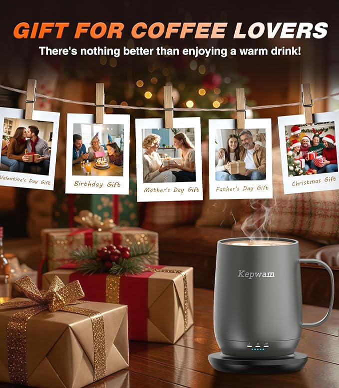 Kepwam Self Heating Coffee Mug T2, 16oz Smart Heated Coffee Mug, 150 Min Battery Life - Hot up to 149℉ Temperature Control Coffee Mug Warmer, Gifts for Dad Mom (No APP)