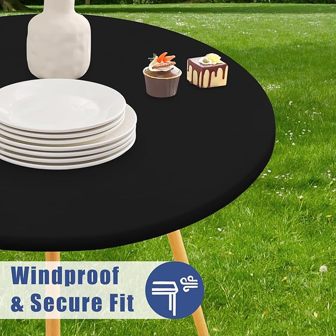 Round Spandex Tablecloth, Elastic Fitted Waterproof Tablecloths for 31"-35" Tables, Stretch Washable Picnic Table Cover for Camping, Dining, Indoor and Outdoor, Black