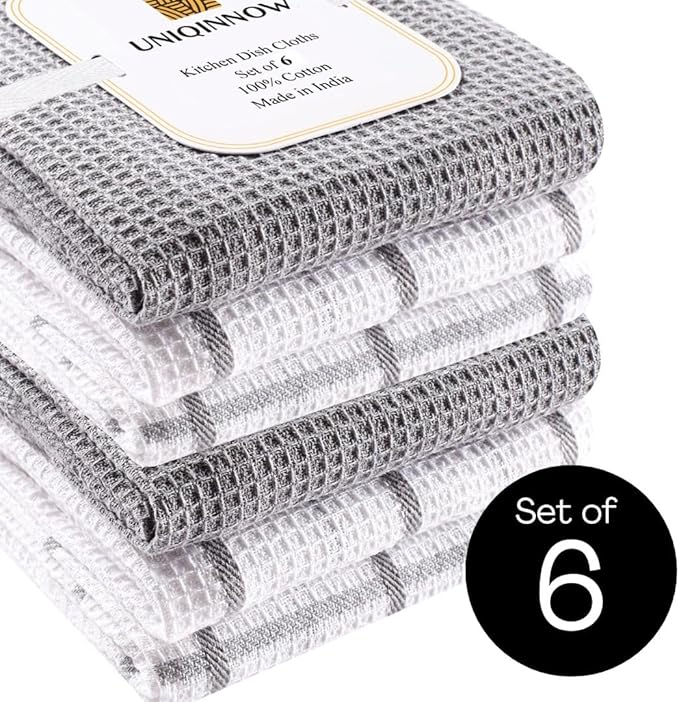 Assorted Waffle Kitchen Dish Towels 100% Cotton Set of 6, Soft Absorbent Quick Drying Table and Kitchen Linen, Tea Towels and Cleaning Towels with Hanging Loop, Dish Towels 15x25 Grey