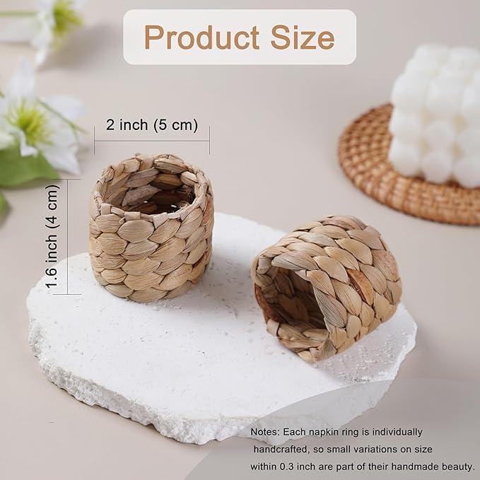 Napkin Rings Set of 6, Natural Water Hyacinth Woven Napkin Holders, 6pcs Rattan Napkin Rings for Rustic Farmhouse, Boho Wedding, Home & Dining Table Decor