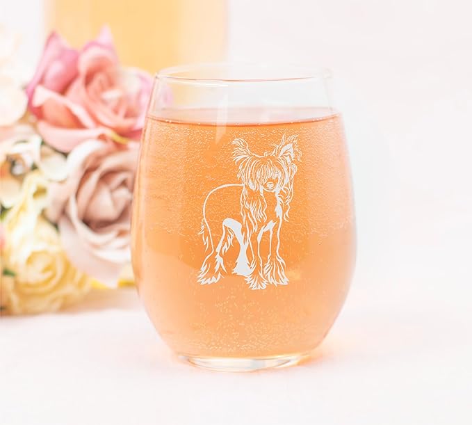 C M Chinese Crested Themed, Dog Stemless Wine Glass - Dog Lover Gift for Men and Women - 17 oz. (Style C1)