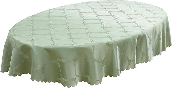 Newbridge Ribbons and Bows Damask Spring & Easter Holiday Fabric Tablecloth, Sage Green, 60 x 102 Inch Oval, Wrinkle & Stain Resistant Table Cover