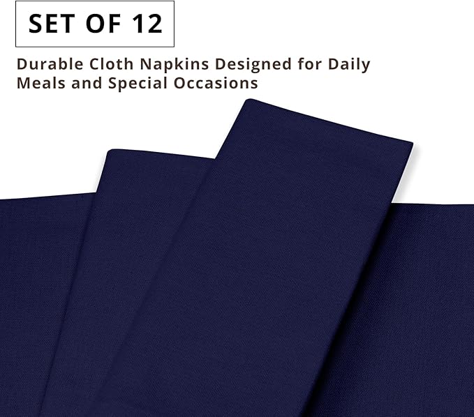PurpleEssences Set of 12 Cloth Dinner Napkins 100% Cotton 18x18 Inch - Soft Durable Washable - Ideal for Farmhouse Party Christmas Holiday Winter - Perfect Everyday Use Table Linen - Navy Blue