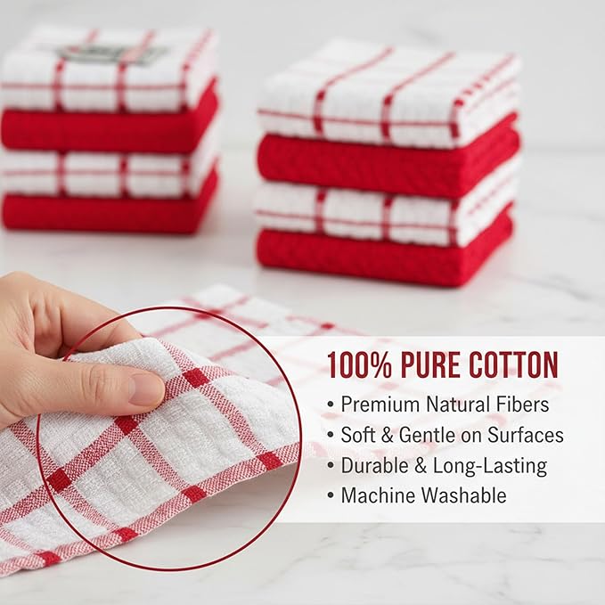 GOLD TEXTILES Kitchen Towels 6 Pack Premium 100% Cotton Dish Towels for Kitchen (15 x 25 Inches) Super Soft & Absorbent Kitchen Hand Towels for Drying Dishes, Cleaning - Reusable and Washable (Red)