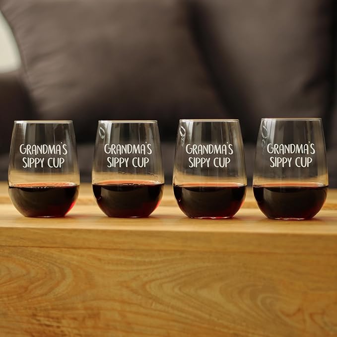 Bevvee Grandma's Sippy Cup - Stemless Wine Glass Gift for Grandmothers - Cute Birthday Glasses - Set of 4 - Large 17 Oz
