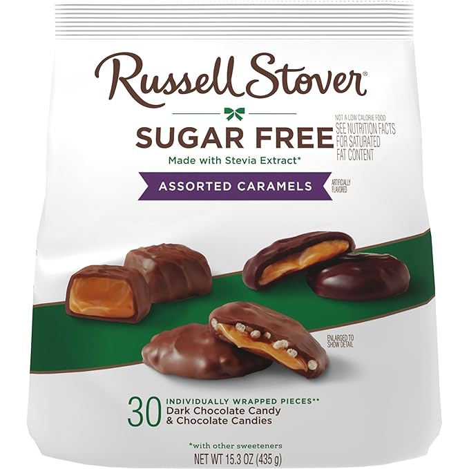RUSSELL STOVER Sugarfree Assorted Caramels in Chocolate Candy, 15.3 oz. bag, 3 Pack