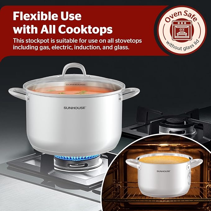SUNHOUSE Stainless Steel Stock Pot - 15 Quart Heavy-Duty Induction Cooking Pot with Visible Lid for Pasta, Soup, Spaghetti - Nonstick Thick-Bottom Deep Stockpot for Canning, Boiling, and Simmering