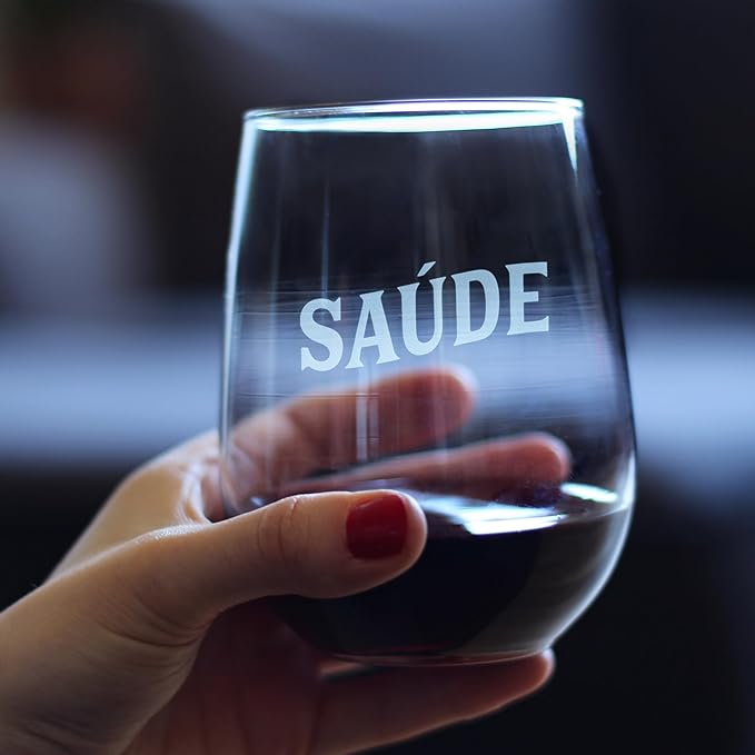 Bevvee Saude - Portuguese Cheers - Stemless Wine Glass - Portugal Themed Gifts or Party Decor for Women - Set of 4 - Large