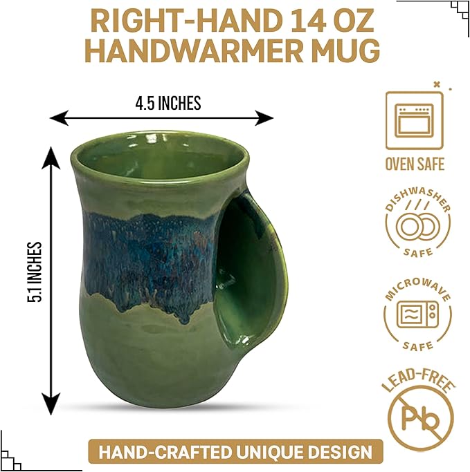 Clay in Motion Hand Warmer Coffee Mug – Handmade Coffee Mug With Comfortable Handle Contoured Pocket Hand Warming Ceramic Coffee Mug – Proudly Made in USA – Right Handed – 14 Oz - Misty Green