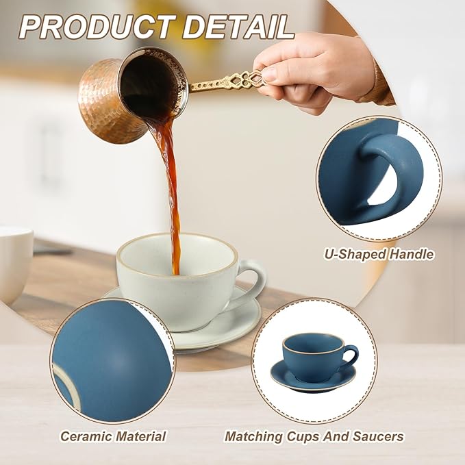 uxcell Handmade Vintage Espresso Cups, 9.5 oz Coffee Cups and Saucers Ceramic Tea Cup with Handle Dishwasher and Microwave Safe for Latte Cappuccino Milk Office Home Gifts, Morandi Blue