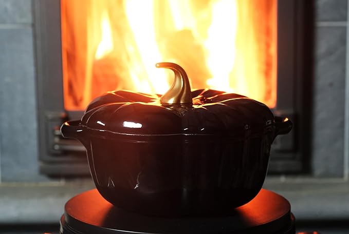 Enameled Cast Iron Pumpkin Pot Dutch Oven Cocotte, Black, 2.32 qt (2.2 L)