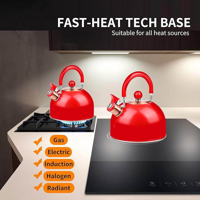 2.6 Quart Red Whistling Tea Kettle, Stainless Steel, Cool-Touch Handle, Loud Whistle, 7.48-inch Base, Induction Compatible