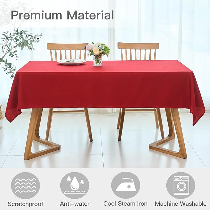 maxmill Rectangle Linen Textured Tablecloth Waterproof Spillproof Wrinkle Free Table Cloth, Kitchen Dining Christmas Tabletop Decoration Washable Fabric Table Cover Holiday Dinner, 52 x 84 Inch, Red
