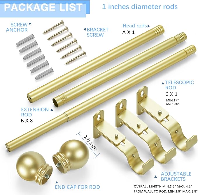 Curtain Rods for Windows 16 to 76 Inches, Curtain Rod Max Adjustable Length of 88 IN, 1" Diameter Drapery Rods Round Finials, Warm Gold, Pack of 1