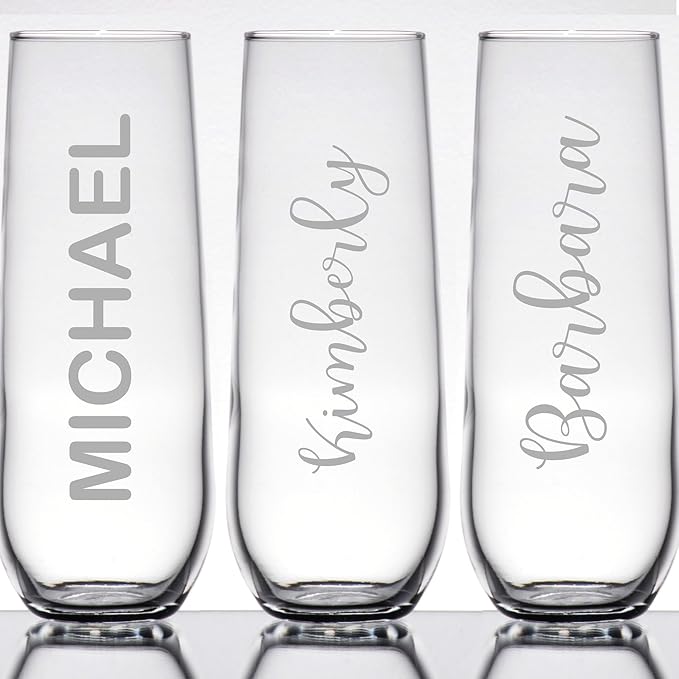Personalized Champagne Stemless Flute Glass 8.5-ounce Custom Name Wedding Birthday Baby Shower Glass