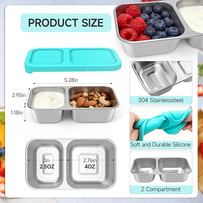 SOPHICO Stainless Steel 2 compartments Containers, Reusable Snack Containers with Silicone Lids Lunch Box for Meal Prep Food Storage On-the-Go Snacking(4 pack)