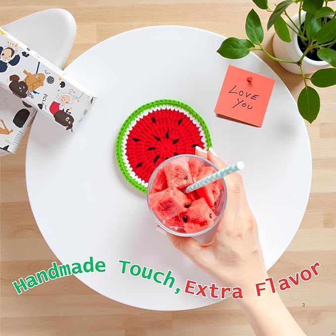 Drink Coasters Set of 4, Cute Crochet Fruit Coaster Gifts for Women, Funny Coffee Table Decor and Housewarming Gift for Home or Office