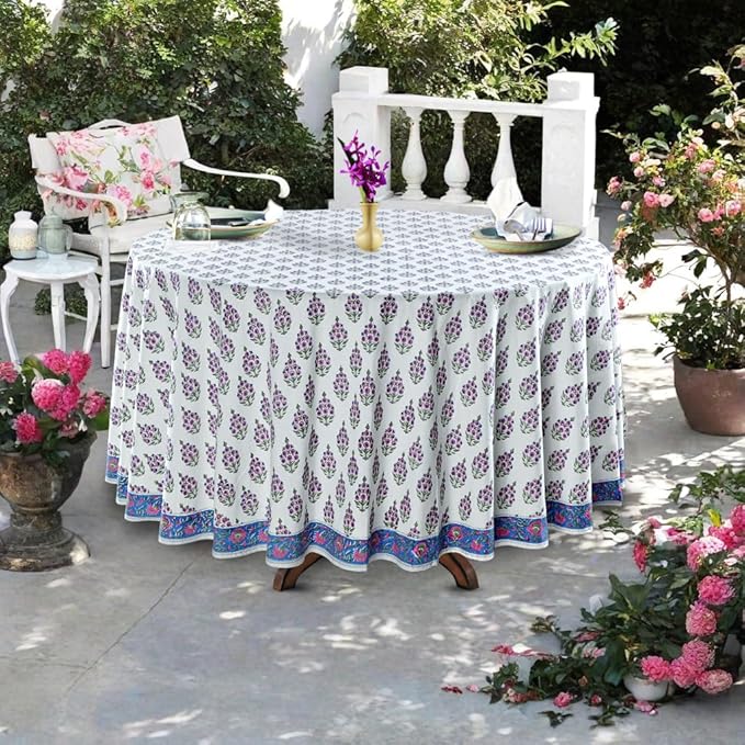 Ridhi Block Print Round Ruddy Blue Reusable Tablecloth 100% Cotton 132" Inch Decorative Table Cover eveyday Dining, Home, Party, Wedding, Farmhouse Gift for Spring, Easter, Valentine