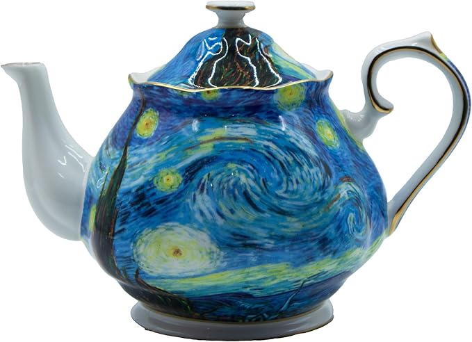 Teapot 30 oz Vangogh Paintings Bone China Loose Tea Pot Floral Design Vintage Ceramic Coffee Water Pot European Style Porcelain (Starry Sky)