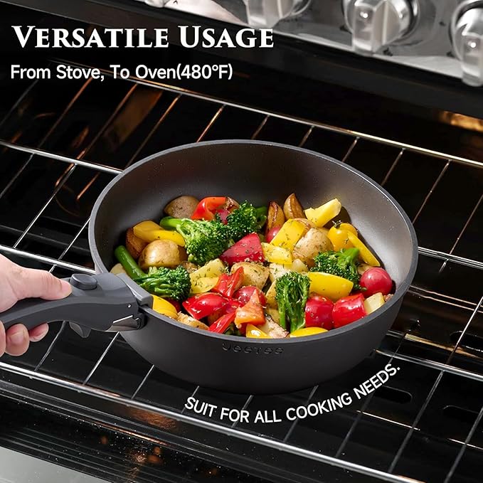 JEETEE 20 Pcs Pots and Pans Set Non Stick, Titanium Reinforced Nonstick Cookware Set with Detachable Handle, Induction Kitchen Cookware Sets, Oven Safe & Space Saving for RV Camping