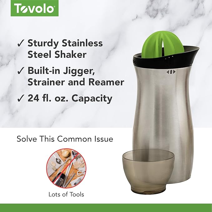 Tovolo Cocktail Shaker Stainless Steel (24 oz.) - Built-In Citrus Reamer, Strainer, & Jigger / Gadget for Bar Cart, Bartending, Home Bar, Mixology, Kitchen, & Gifting
