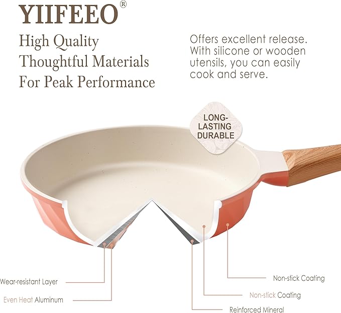 YIIFEEO Frying Pans Non stick - 3 PCS Nonstick Frying Pan Set Omelette Pans for Cooking Set, Granite Skillet Set Kitchen Induction Cookware Chef's Pan Gift, 8", 9.5" &11", Coral Pink