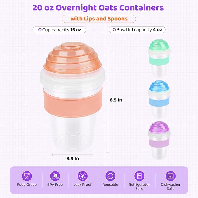 Yogurt Parfait Cups with Lids Reusable - 4 Pack 20 oz Overnight Oats Containers with Lids Folding Spoons Granola Topper, Cereal Salad Jars for Oatmeal Chia Pudding Meal Prep