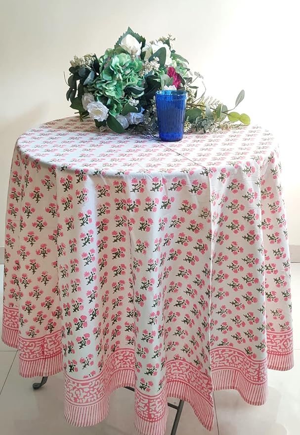 ATOSII Gulbahar White Pink 100% Cotton Spring Summer Round Tablecloth, Block Print Table Cloth for Dining, Weddings, Outdoors, Parties, Grand Millenial Home Decor 90" Inches I