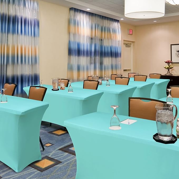 Spandex Table Cloths for 8 Foot Rectangle Tables-6 Pack Fitted Stretch Aqua Blue Table Covers-Folding Tablecloths for Party, Vendor Booth Display, Banquet Buffet Event, Craft Trade Show