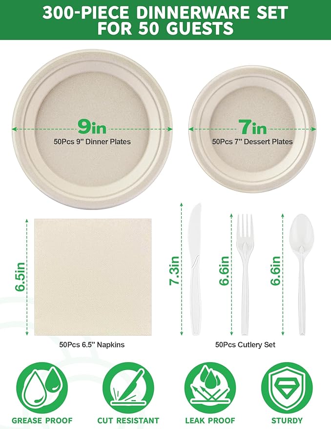 300 Pcs Compostable Dinnerware Set - Serves 50 Guests with Heavy Duty 9 & 7 Inch Plates, Napkins & Cutlery | Biodegradable Sugarcane Eco-Friendly Party Supplies for Birthday, Christmas, Holiday