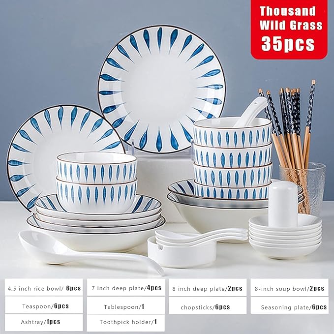 Dinnerware Set, Plates and Bowls Sets, Plates and Bowls Sets, Dishes Sets-Complete Porcelain Combination-for Home Kitchen Dining(Chiba,35 Pieces)