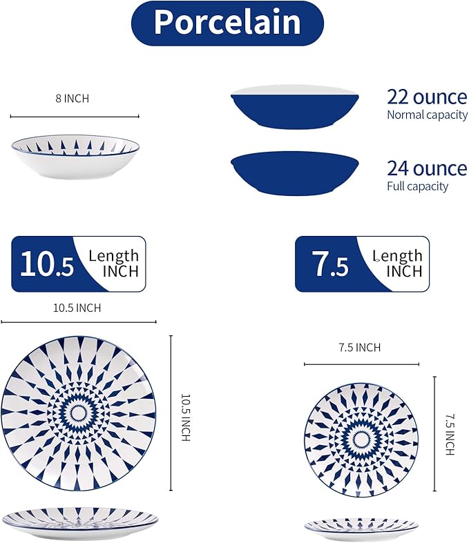 Bestone 12-Piece Round Porcelain Dinnerware Set, Service for 4, Chip Resistant Plates and Bowls,Blue, Dishwasher & Microwave Safe for Home Daily Use