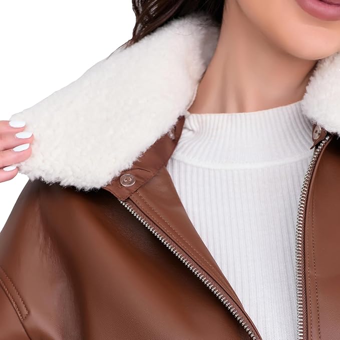 SILVER FASHIONS Leather Jacket Women,Cropped Lambskin Bomber Jacket,Removable Sherpa Collar, Zip Front, Elasticized Hem