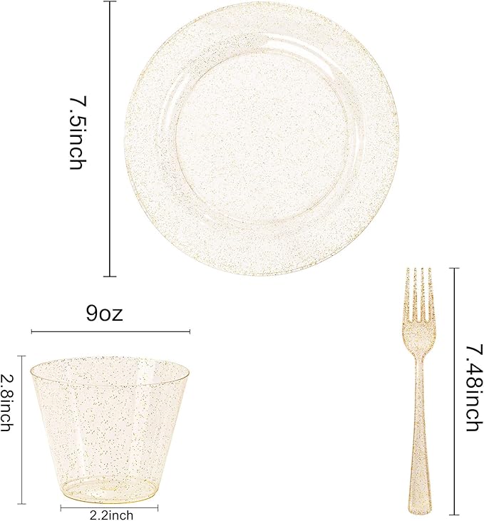 WELLIFE 150PCS Gold Plastic Plates – Gold Glitter Disposable Dinnerware Set for 50 Guests (7.5" Dessert Plates), Includes 50 Plates, 50 Cups & 50 Forks for Wedding & Birthday Party Tableware