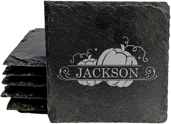 Personalized Monogram Family Coasters, Natural Stone Set, Birthday, Wedding, Customized, Rustic - Square Slate - Set of 4