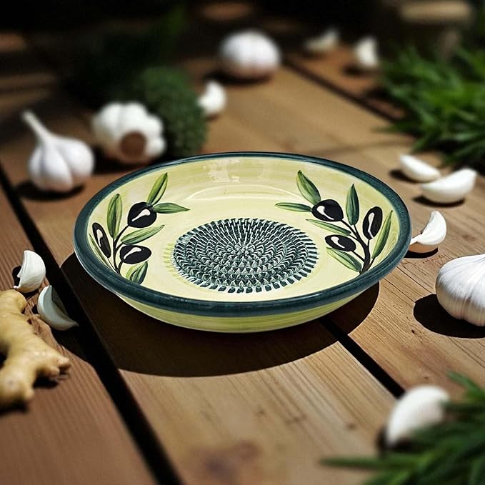 Ceramic Grater Bowl, Garlice Grater Plate, Handmade Ginger Grater, Mincer Bowl for Cheese &Vegetables, Ceramic Decorative Mincer, Hand Dish for Garlic (Sunny Olives)