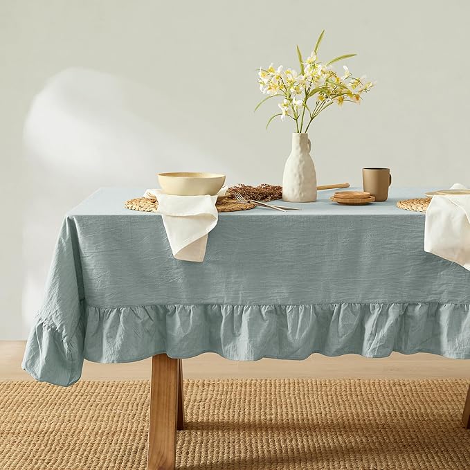 MONDAY MOOSE Ruffle Farmhouse Rustic Rectangle Natural Stonewashed Cotton Tablecloth for Kitchen, Dining Room, Restaurant (60x86 inch, Slate Blue)
