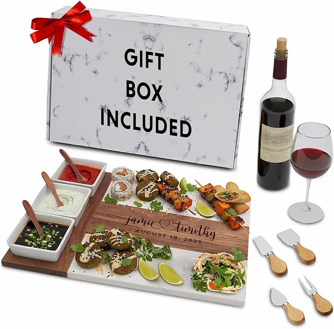 Personalized Charcuterie Board Set, Custom Laser Engraved Marble Wood Cheese Serving Board with Knife Set, Wedding & Engagement Gift for Couples, Bridal Shower & Housewarming Gift, Ready-to-Gift Box
