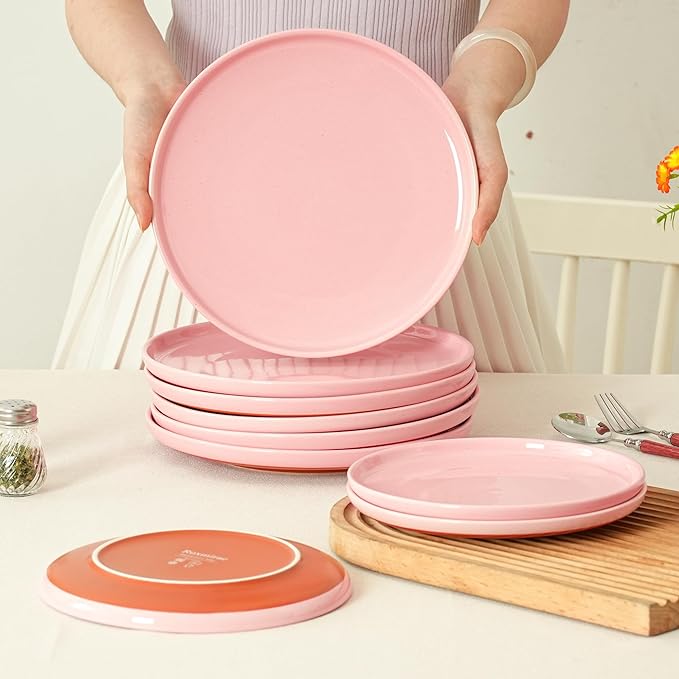24 Piece Dinnerware Set, Dual Glaze Stoneware Plates and Bowls Sets, Modern Dinner Plate, Salad Plate, Cereal Bowl, Dish Set for 8, Microwave and Dishwasher Safe, Pink