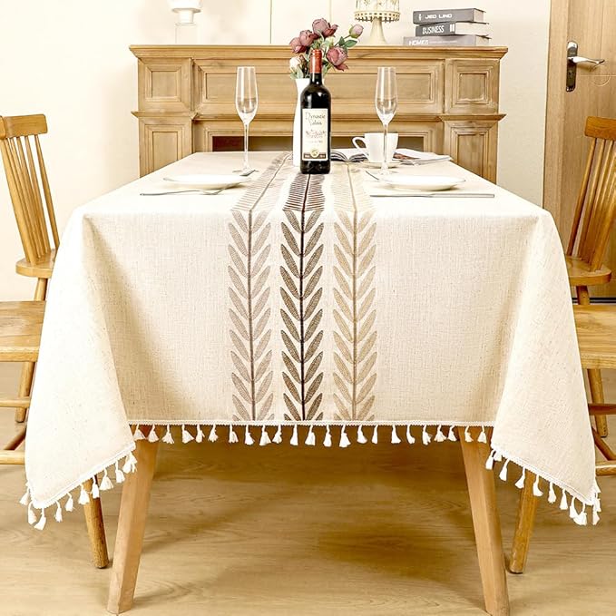 Pahajim Linen Tablecloth Rustic Rectangle Table Cloth Cotton Striped Tassels Tablecloths for Kitchen Dining Table Cover Square,55''x55'', 4 Seats